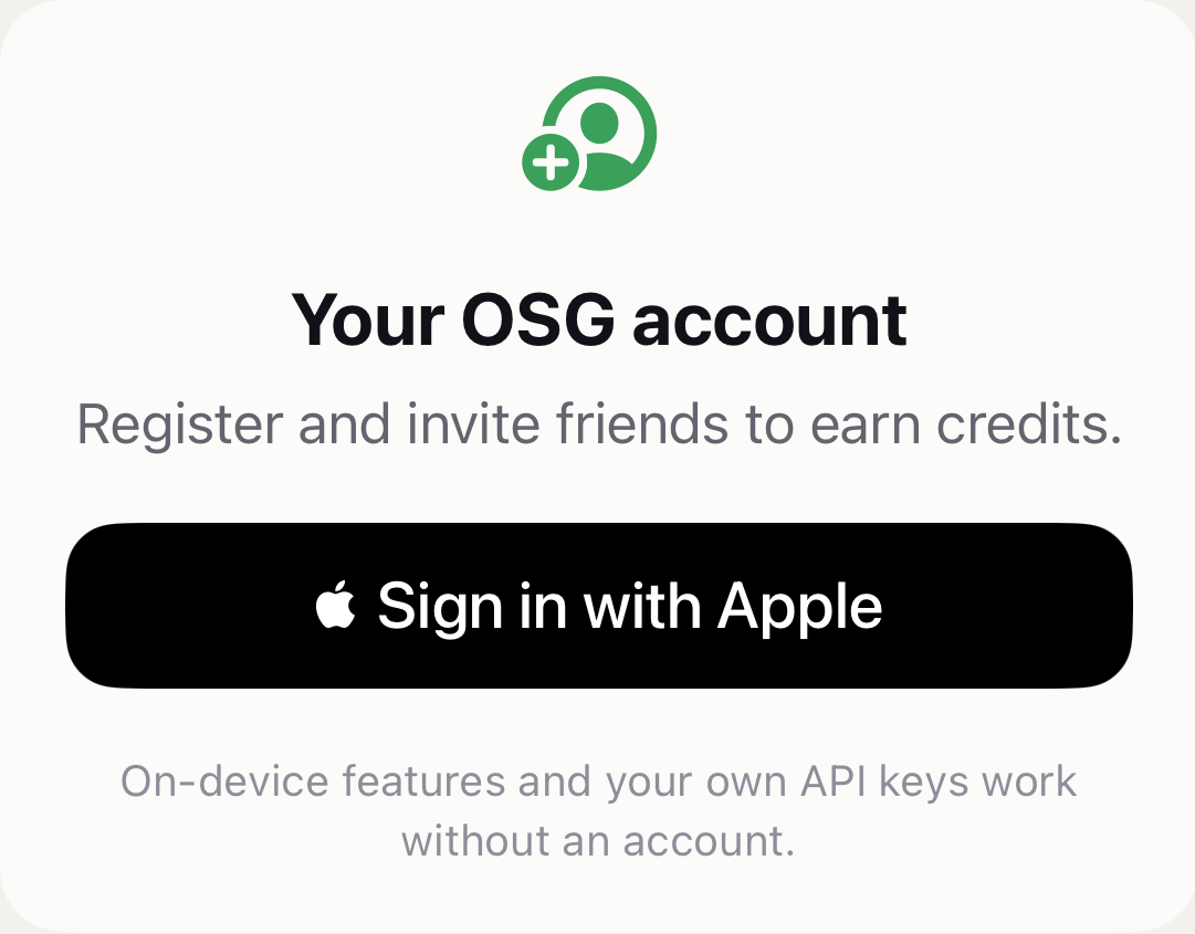 Real OSGKeyboard account card with Sign in with Apple
